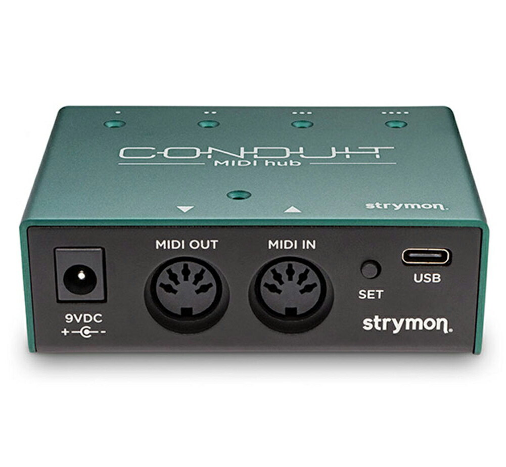 strymon / CONDUIT MIDI hub Smart MIDI Control for Your Pedals. CONDUITは1/4インチ・フォーンMIDIを装備するペダルとの接続ができる、非常に高い信頼度と高い性能を兼ね備えたなMIDIインターフェイスです。さらに、TRS MIDIペダルとコンピューターとのUSB接続も可能にしてくれます。 [Specs] ・オプトカプラ絶縁 5-pin DIN MIDI (IN & OUTポート) ・4系統 1/4”TRS 双方向 MIDI ポート ・各社の1/4”MIDIに対応可能なモード変更機能 ・5 DIN MIDI IN →1/4”MIDI OUTは8台まで接続可能 ・5 x LED MIDI ステータス表示 ・USB-C → USB-A ケーブル (オス) ・本体寸法 : 7.2cm x 9cm x 3.8cm (縦x横x高) ・本体重量 : 141g [More] ・軽量メッキ処理アルミケース (マウンドネジ穴付き) ・Made in USA ・正規輸入品 Smart MIDI Control Distribution. 4つの双方向TRS(MIDI)ジャックは、独自に様々なMIDIコミュニケーションを行うことができます。ディップスイッチやカスタムケーブル、ドライバーなどの道具も一切必要がありません。グランドアイソレーションの採用により、確実かつ信頼のStrymonオペレーションを満足いただけます。MIDIを受けるだけのペダルには、Dual Mode(デュアルモード)で(TRSスプリッターケーブル経由で)2台のペダルへの接続も可能です。 USB MIDI Interface For Your Pedals. CONDUITは、コンピューターとペダルのソリッドなMIDI接続を実現してくれるUSB MIDIインターフェイスです。本機経由で、コンピューターからのMIDIメッセージ(パラメーターチェンジ、プリセットチェンジ、ロード＆セーブプリセット、システムエクスクルーシブ)とペダルがMIDI同期できます。 Easy to Set Up. Easy to Use. Plug In and Go. 開封してすぐにStrymonペダルとの1/4″TRS MIDI接続が可能です。ディップスイッチやカスタムケーブル、ドライバーなどの道具は一切必要ありません。CONDUITをリンクして1/4”MIDIペダルの追加制御も可能です。