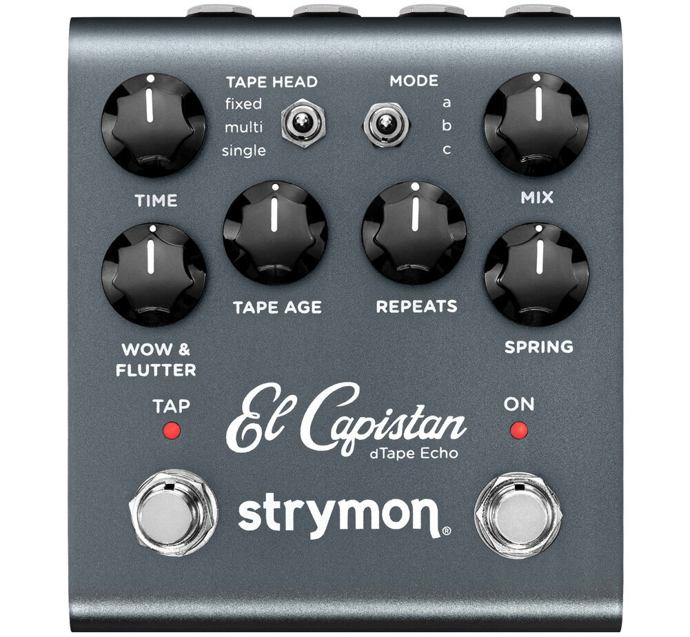 strymon / El Capistan V2 (dTape Echo) Tape delay pedal with Sound On Sound looper and spring reverb. Magnetic Monster. - 現代に甦る、最強のテープマシン El Capistanは、3つの異なるテープマシンのタイプを切り替えることができ、それぞれにユニークなモードを備えています。テープの質、マシンの劣化具合、トーンなど細かな音の作り込みまで思い描く通りのサウンドメイクを究めることが可能です。 新品のエコーマシンが持つフルレンジの安定したサウンドから、メンテナンスが必要なほどくたびれて不安定なユニットのニュアンスまで再現します。この1台で新品のテープ特有のフルボディのサウンドも、使い古されたテープのノイジ―でくもったサウンドも手に入ります。 こだわり抜かれたdTape™テクノロジーとパワフルなARM DSPにより、これまでのテープマシンでは再現し得なかったようなテープマシンエフェクトから、テープスタイルのルーパーエフェクトまで幅広く提供します。本物のテープマシンのようなメンテナンスの心配なく、最新の技術で最高のビンテージ体験をお楽しみいただけます。 Ins, Outs, and Switches ・ハイ・インピーダンス超低ノイズClassA JFETプリアンプ入力 ・ロー・インピーダンス・ステレオ出力 ・TRSエクスプレッションペダル、Strymon MiniSwitch、MultiSwitch Plus、TRS MIDIが接続可能なエクスプレッション入力 ・コンピューターとのMIDIコネクション、ファームウエアのアップデートが可能なUSB-Cジャック搭載 ・独立のTAPテンポスイッチとOn/Offスイッチ Audio Quality ・超低ノイズ、ハイパフォーマンスの24-bit 96kHz、A/D＆D/Aコンバータがもたらす妥協のないオーディオ・クオリティ ・520MHz ARM スーパー・スカラー・プロセッサー ・32-bit浮遊演算プロセッシング ・20Hzから20kHzのフリーケンシー・レスポンス ・入力インピーダンス：1 M Ohm ・出力インピーダンス：100 Ohm More ・バイパス：トゥルーバイパス（リレースイッチング）、超ローノイズ・バッファードスイッチング ・入力電圧：9VDC センターマイナス、300mA ・サイズ：102mm(幅)×114mm(縦)×67mm(高) ※突起部含む ・軽量、堅牢なアルマイト処理アルミシャーシを採用 ・Designed and built in the USA ・正規輸入品