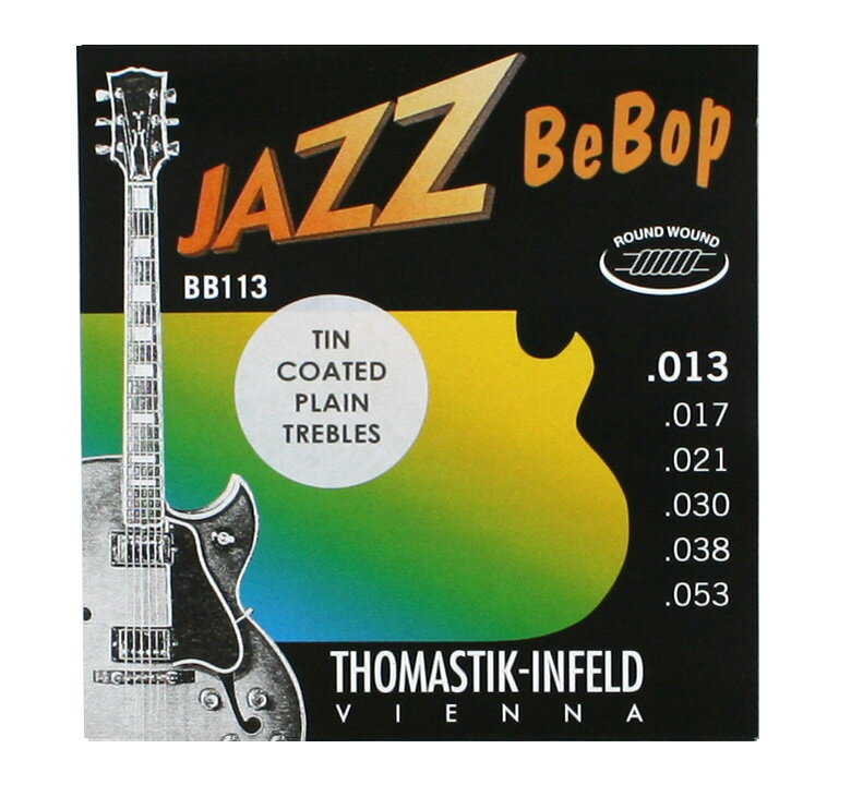 THOMASTIK-INFELD / JAZZ BEBOP BB113T TIN COATED PLAIN TREBLES 1弦と2弦にスズメッキ処理(Tin Plated)されたプレーン弦を組み合わせたセットです。 通常セットの真鍮メッキのプレーン弦と比べてややウォームなトーンで錆に強いのが特徴です。 おそらく真にジャズ専用のラウンドワウンド弦と呼ばれるものはこの弦だけでしょう。 JAZZ SWINGとは素材や構造の点で似ていますが、極細のニッケルの巻き線が弦の耐久性を向上させています。フラットワウンド弦と比べ幾分大きな音でリッチなジャズトーンを生み出します。 本物のジャズトーン、少し"エッジ"の効いた音質を求めるプレイヤーに打って付けの弦です。 ■品番 : BB113T ■Medium Light ■エレクトリックギター弦 ■Round Wound (ラウンドワウンド) ■Made in Austria [String Gauges] 1st E .013 Plain Steel (Tin Plated) 2nd B .017 Plain Steel (Tin Plated) 3rd G .021 Nickel Round Wound 4th D .030 Nickel Round Wound 5th A .038 Nickel Round Wound 6th E .053 Nickel Round Wound
