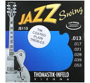 THOMASTIK-INFELD / JAZZ SWING JS113 TIN COATED PLAIN TREBLES 1弦と2弦にスズメッキ処理(Tin Plated)されたプレーン弦を組み合わせたセットです。 JS113通常セットの真鍮メッキのプレーン弦と比べてややウォームなトーンで錆に強いのが特徴です。 1stE .013　Plain Steel (Tin Plated) 2ndB .017　Plain Steel (Tin Plated) 3rdG .021　Nickel Flat Wound 4thD .028　Nickel Flat Wound 5thA .039　Nickel Flat Wound 6thE .053　Nickel Flat Wound Thomastik社が作り出したフラットワウンドジャズギター弦は多くの音楽家の間で口コミに広がり、いまや唯一無二の伝説的な存在として認められるようになりました。 本当のフラットワウンド弦(決してグランドワウンド＝削り出しや、コンプレスワウンド＝圧縮ではないもの)とは時間と技術を惜しまず、ガラスの表面のように磨きこまれたリボン状のニッケルを丸い新鮮に巻いていったものです。 Thomastik社が長年のクラシック弦の製造で持ちえた技術を採用してあり、芯線と巻き弦の間にわずかな隙間もなく密着しているため、振動を可能な限り自然な状態にすることができます。この結果がトラディショナルなジャズプレイには欠かすことのできないオーバートーン(倍音)を完璧なバランスで生み出します。