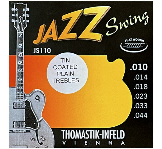 THOMASTIK-INFELD / JAZZ SWING JS110 TIN COATED PLAIN TREBLES 1弦と2弦にスズメッキ処理(Tin Plated)されたプレーン弦を組み合わせたセットです。 JS110通常セットの真鍮メッキのプレーン弦と比べてややウォームなトーンで錆に強いのが特徴です。 1st E .010　Plain Steel (Tin Plated) 2nd B .014　Plain Steel (Tin Plated) 3rd G .018　Nickel Flat Wound 4th D .023　Nickel Flat Wound 5th A .033　Nickel Flat Wound 6th E .044　Nickel Flat Wound Thomastik社が作り出したフラットワウンドジャズギター弦は多くの音楽家の間で口コミに広がり、いまや唯一無二の伝説的な存在として認められるようになりました。 本当のフラットワウンド弦(決してグランドワウンド＝削り出しや、コンプレスワウンド＝圧縮ではないもの)とは時間と技術を惜しまず、ガラスの表面のように磨きこまれたリボン状のニッケルを丸い新鮮に巻いていったものです。 Thomastik社が長年のクラシック弦の製造で持ちえた技術を採用してあり、芯線と巻き弦の間にわずかな隙間もなく密着しているため、振動を可能な限り自然な状態にすることができます。この結果がトラディショナルなジャズプレイには欠かすことのできないオーバートーン(倍音)を完璧なバランスで生み出します。