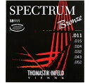 THOMASTIK-INFELD SPECTRUM BRONZE - ACOUSTIC GUITAR Clear Balanced Tone 1st E .011　Plain Steel 2nd B .015　Plain Steel 3rd G .024　Bronze Round Wound 4th D .032　Bronze Round Wound 5th A .043　Bronze Round Wound 6th E .052　Bronze Round Wound スペクトラムブロンズ弦は、プロミュージシャンのレコーディング現場からの要望に応えてデザインされた特別な弦です。もちろんライブパフォーマンスでも比類なき極上の音色を奏でてくれます。Thomastik-Infeld社独自の製法「Silk Inlay Technology」によりウォームなトーンと透明感のある音色が同居した濃密なサウンドを実現しています。 The ultimate bronze round wound acoustic string! The Spectrum Bronze strings are specially designed for the demands of professional recording, yet is also unsurpassed in live performance situations. A unique bronze formula, combined with Thomastik-Infeld's mastery of mechanical filtering with their silk inlay technology, gives a full warm tone, with a sparkling clarity that lets you cut through a dense sound mix. Playing feel is very balanced and they are surprisingly long lasting.