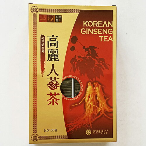 ・紙箱 高麗園 高麗人参茶 100包 x 1箱 ・内容量：1包当たり3g　 ・原材料：別途表示 ・保存方法：直射日光を避け涼しいところで保管してください。開封後はお早めにお飲みください。 開封後は、冷蔵庫に保管してください。 ・賞味期限：別途表示 ・高麗人参茶飲み方：1日2〜3回、1回1〜2包をお湯に入れ、よく掻き回してお召し上がりください。 1包の顆粒を直接口の中で溶かして召し上がっても良いです。15歳以下の子供は1/2に量を減らしてお召し上がりください。 ・原産地: 韓国 ・商品入荷によって商品パッケージが変わる場合がございます。予めご了承ください。