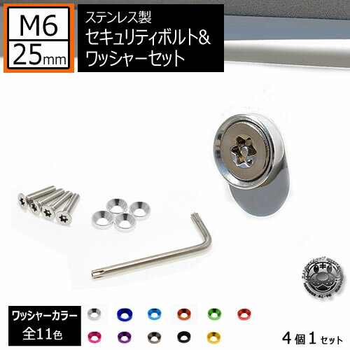 ステンレス製 セキュリティーボルト ワッシャー M6 25mm 4個セット 全11色 専用工具 付 自光式 電光式 ナンバー 等に ナンバーボルト ナンバープレート ロック M6×25 盗難 いたずら 防止 防犯 盗難防止 タンパープルーフ シルバー 車 バイク レンチ エムトラ