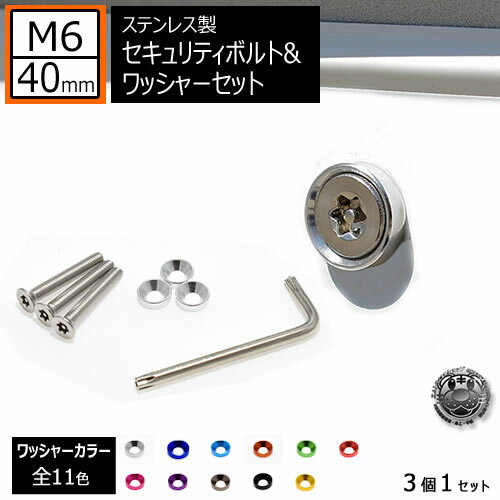 ステンレス製 セキュリティーボルト ワッシャー M6 40mm 3個セット 全11色 専用工具 付 ナンバーボルト ナンバープレート ロック M6×40 自光式 電光式 ナンバー 等に 盗難 いたずら 防止 防犯 盗難防止 タンパープルーフ シルバー 車 バイク レンチ エムトラ