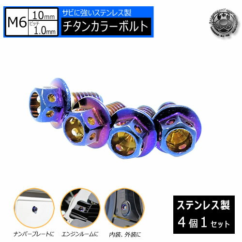 ステンレス製 チタンカラーボルト M6 10mm ピッチ 1.0mm 4個セット 【 M6×10mm ナンバープレート ナンバー ナンバーボルト エンジンルーム 内装 外装 スポコン USDM JDM ドレスアップ カスタム 1mm ネオクローム チタン ボルトネジ 錆びない 】 エムトラ