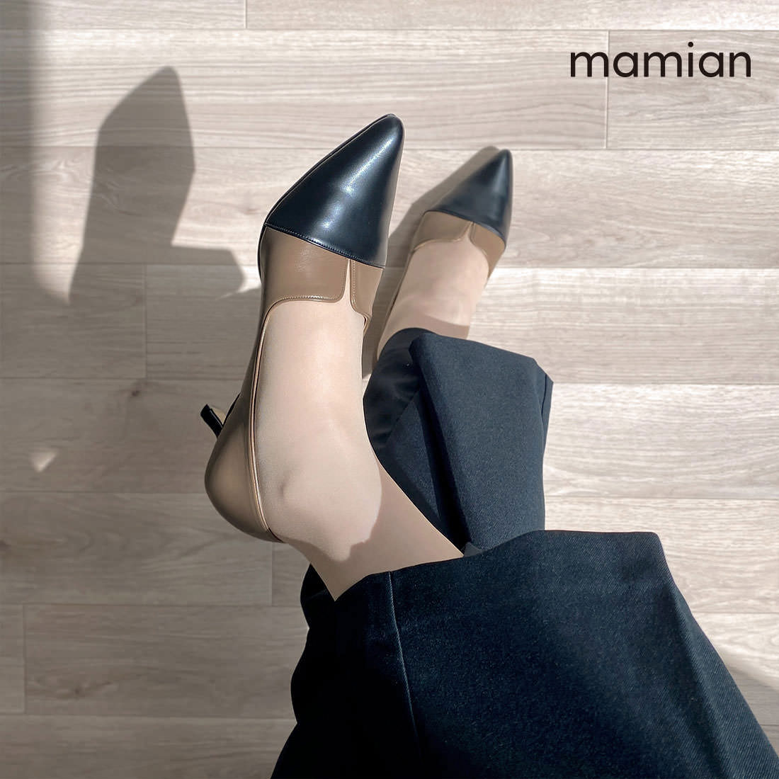 美脚パンプス　足が痛くない（なりにくい）　日本製　レディース　綺麗　通勤　冠婚葬祭　22.5cm〜25.0cm　ポインテッドトゥ切替パンプス:ダークグレージュ/C（5154）