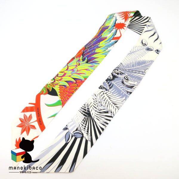 エルメス HERMES ブラック ツイリー 鳳凰 オレンジ 白 リボンスカーフ ブランド 雑貨 服飾雑貨 首元 ヘッド バッグ用 小物 レディース ランクB 小...