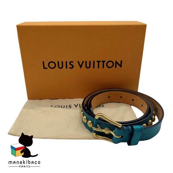 ルイ・ヴィトン LOUIS VUITTON ライトブルー オーストリッチ スタッズ ベルト 水色 ゴ ...