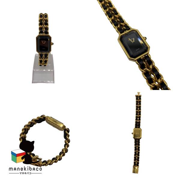 シャネル CHANEL ゴールド プルミエール L 腕時計 時計 クオーツ 黒文字盤 ブラック ゴールド 保証書 ケース ランクA 時計 【中古】