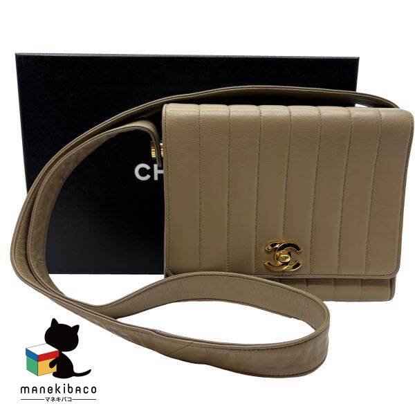 シャネル CHANEL ベージュ マドモアゼル ココマーク ショルダーバッグ 斜め掛け モカ ベージュ ゴール..