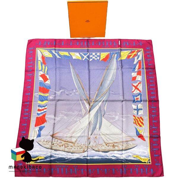 HERMES エルメス カレ 45 船旗 PAVOIS ブラウン 美品 HERMES エルメス カレ 45 船旗 PAVOIS ブラウン 美品