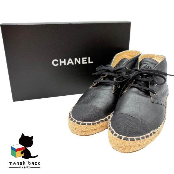 シャネル CHANEL ブラック ココマーク スニーカー レザー×麻 黒 37 24cm Z G29600 箱 ランクAB アパレル 【中古】