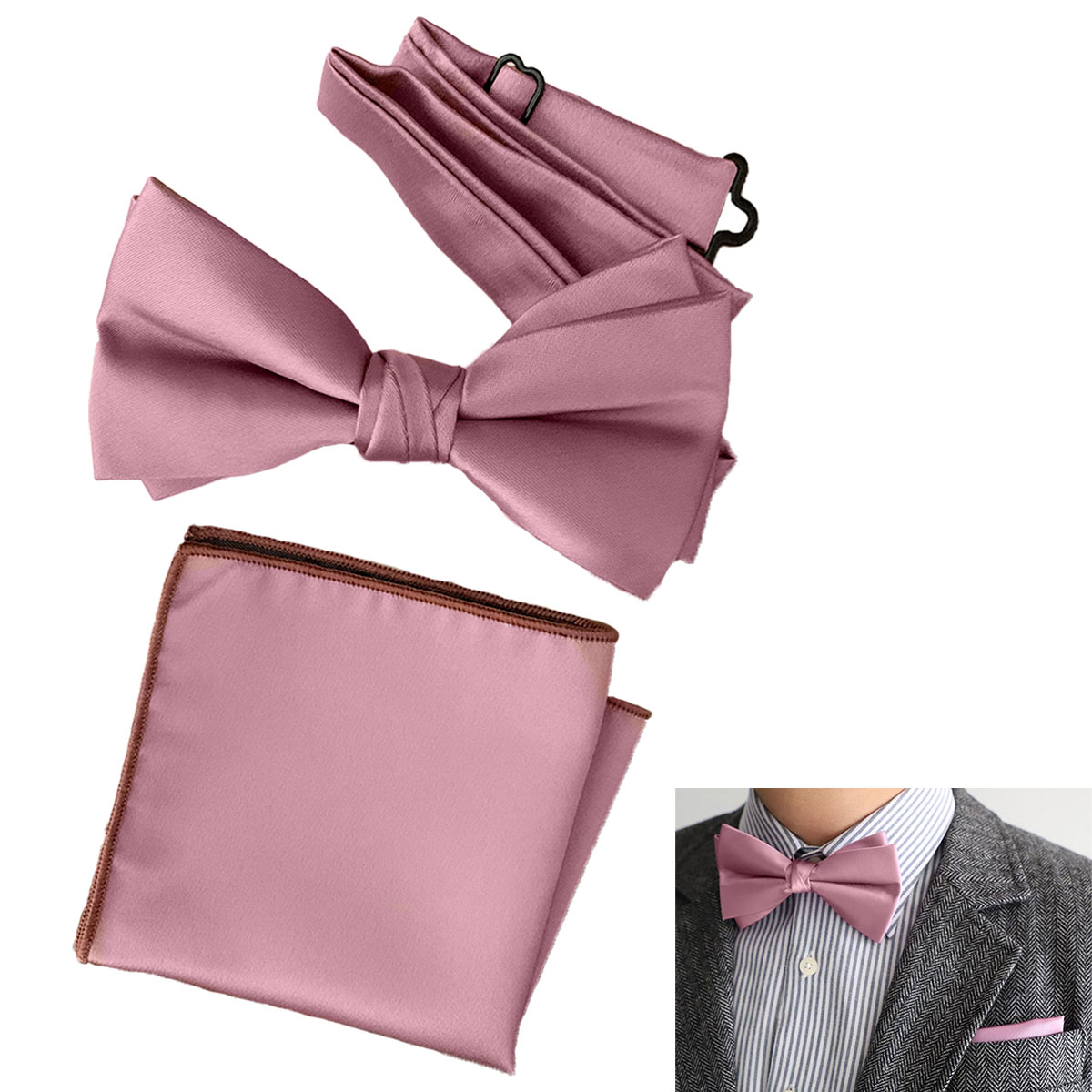 蝶ネクタイ チーフセット くすみピンク ダスティピンク 無地 ボウタイ ポケットチーフ 結婚式 新郎 フォーマル ブライダル ウエディング 蝶タイ 礼装 [M674]【送料無料】