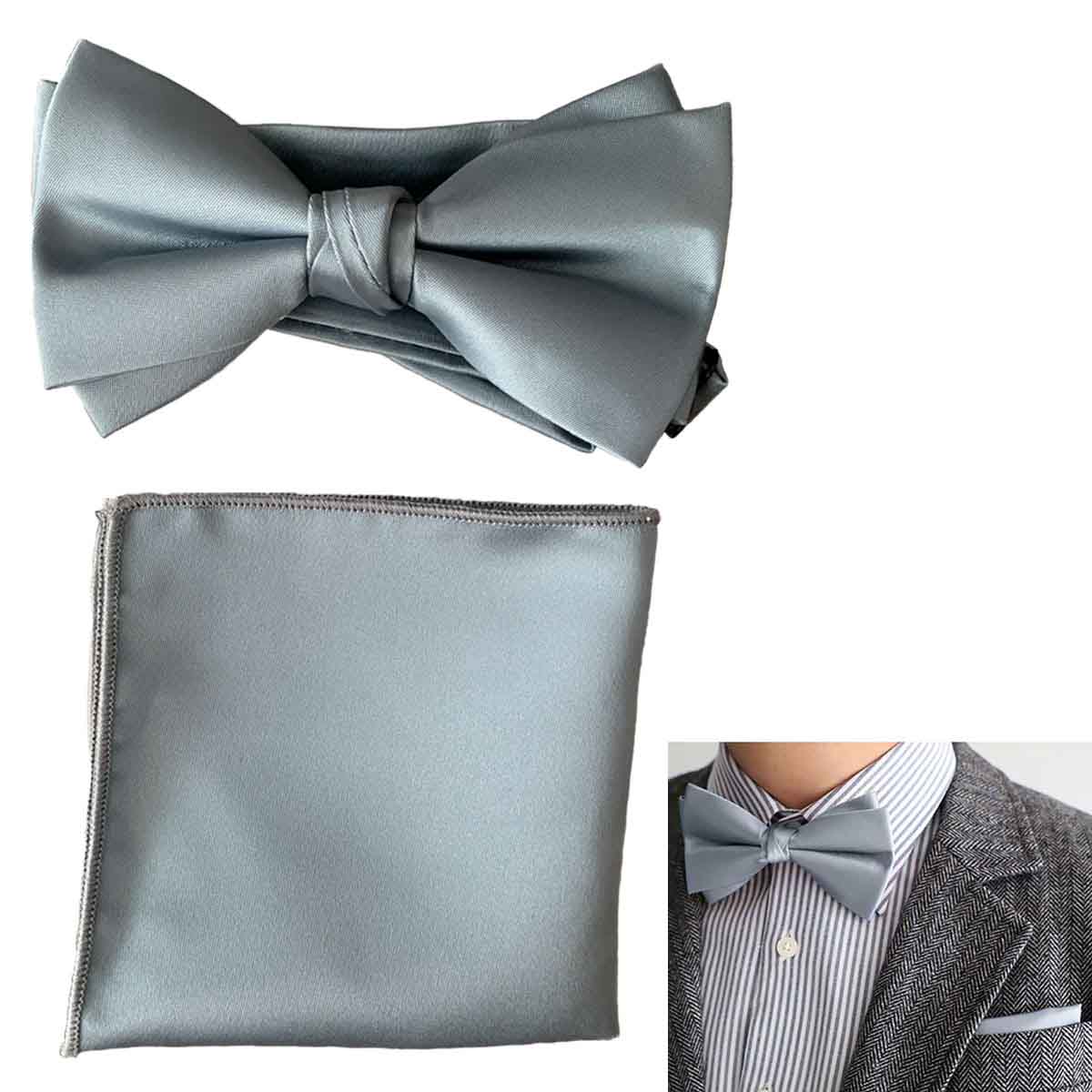 蝶ネクタイ チーフセット グレー 無地 ボウタイ ポケットチーフ 結婚式 新郎 フォーマル ブライダル ウエディング タキシード用 蝶タイ 礼装 [M679]【送料無料】