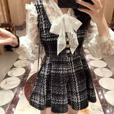 量産型 ゆめかわ やみかわ 参戦服 ツーピース セットアップ ブラウス ワンピース レース 可愛い チェック ラウンドネック 春 秋 冬 長袖 ミニ丈 大きいサイズ サロペット リボン ショートパンツ フリル ガーリー レディース ブラック