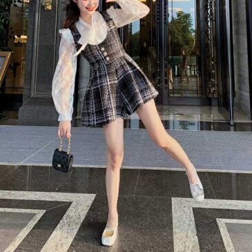 量産型 ゆめかわ やみかわ 参戦服 ツーピース セットアップ ブラウス ワンピース レース 可愛い チェック ラウンドネック 春 秋 冬 長袖 ミニ丈 大きいサイズ サロペット リボン ショートパンツ フリル ガーリー レディース ブラック
