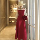 ワンピース ドレス ロングドレス オルチャン 可愛い 無地 オフショルダー 秋 冬 長袖 ロング丈 Aライン フレア フリル タイトめ シアー袖 きれいめ フェ...