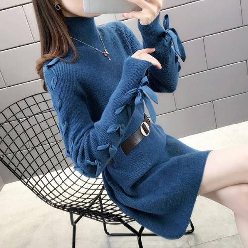 ワンピース ニットワンピ ミニワンピ レディース オルチャン 韓国 量産型 お嬢様系 無地 ハイネック 秋 冬 長袖 ショート丈 おしゃれ 可愛い ハイゲージ レースアップ リボン ガーリー シンプル きれいめ 上品 ホワイト ベージュ ブルー ブラック S M L XL 大きいサイズ