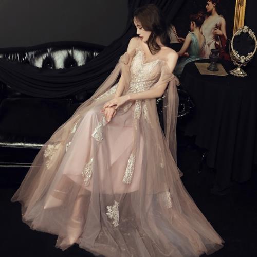 パーティードレス 韓国 イブニングドレス ロングドレス 花柄 冬 ロング 可愛い オルチャン 大人 結婚式 二次会 パーティー お呼ばれ ドレス フレア Aライン レース チュール オフショルダー リボン エレガント ワンピース レディース 大きいサイズ 白 シャンパン S M L XL