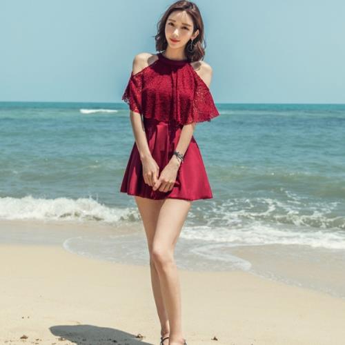 水着 ワンピース 可愛い レディース 韓国 フリル ホルターネック 体型カバー 黒 赤 花柄 レース 夏 袖あり カバーアップ ママ 大人 オトナ女子 フレア オープンショルダー おしゃれ レトロ セクシー シンプル 二の腕カバー リゾート プール 大きいサイズ レッド ブラック