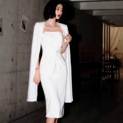 ワンピース ドレス イブニングドレス 韓国 無地 個性的 春 夏 秋 冬 ミモレ丈 10代 20代 30代 おしゃれ 可愛い 袖付き ベアトップ ギャザー クロ...