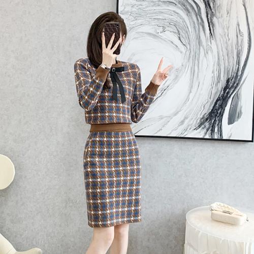 セットアップ 2点セット ツーピース ワンピース 千鳥格子 無地 ラウンドネック 春 秋 冬 長袖 ひざ上丈 おしゃれ 可愛い 韓国 台形スカート ニット ニットソー ミニスカート 台形スカート タイトスカート スリム レトロ きれいめ お呼ばれ 大きいサイズ レディース S M L XL