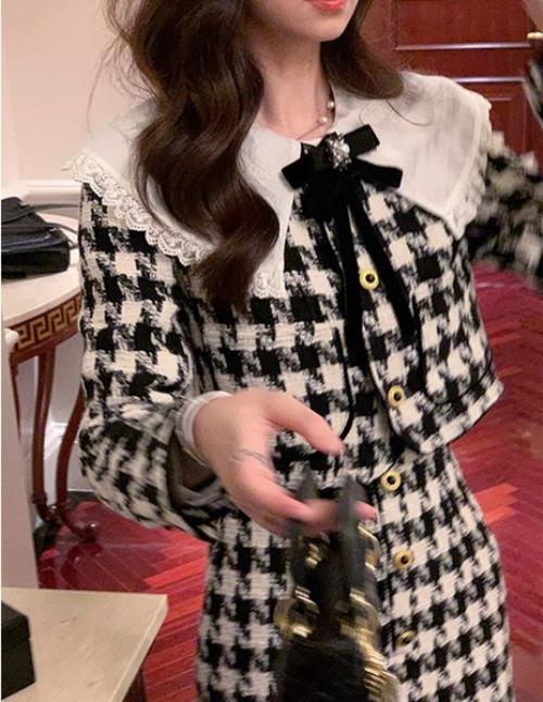 セットアップ 2点セット ツーピース ツイード 千鳥格子 秋 冬 春 長袖 ミモレ丈 おしゃれ 可愛い ノーカラージャケット ショートジャケット タイト 清楚 フェミニン きれいめ 秋冬ワンピース オフィス お呼ばれ お出かけ レディース ブラック S M L