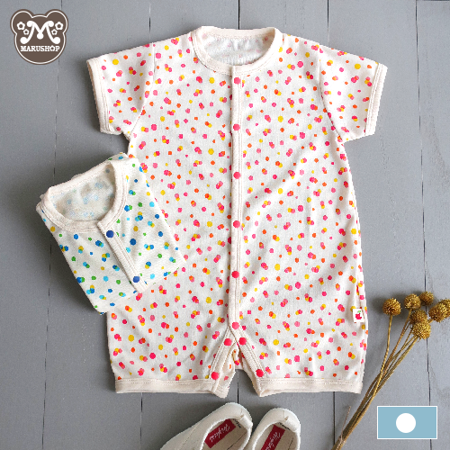 店内全品P5倍★ SALE ★ ミニドット ロンパース ( 半袖 ) 日本製 綿100% サイズ 60 〜70cm / 70〜80cm 新生児 ベビー 赤ちゃん 服 ショート丈 前開き スナップボタン 出産準備 退院準備 夏生まれ 送料無料のサムネイル