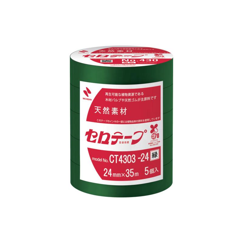 商品名ニチバン 着色セロテープ NO.430 緑 24mmX35m 1本(5巻入) CT4303-24メーカー名ニチバン商品名称着色セロテープ NO.430 緑 24mmX35m 1本(5巻入)型番CT4303-24※ご注文前の確認事項・お支払い方法：クレジット決済、銀行振込（商品代引き不可） ・発送に関して：メーカー直送（運送業者の指定は出来ませんのでご了承下さい） ・在庫に関して：欠品の場合は都度ご連絡させて頂きます。 ・送料に関して：北海道、沖縄、離島等は別途となる場合があります。都度ご相談下さいませ。 ・その他：廃盤や価格変更、仕様変更、品番変更等が行われる場合があります。予めご了承ください。