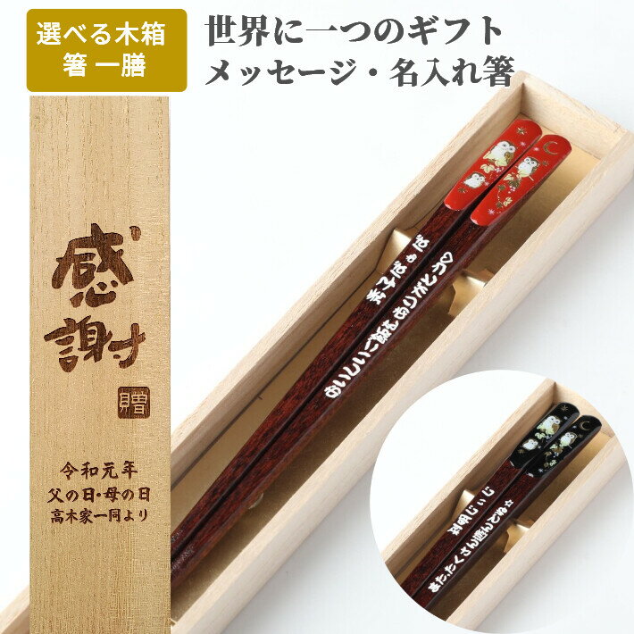 天宝黄金 ふくろう 木箱 セット 箸 一膳 梟 おしゃれ 贈り物 フクロウ 縁起 名入り 名入れ お箸 名前入り 父 母 祖母 祖父 誕生日 定年退職 赤 還暦 古希 喜寿 米寿 退職 名前 ネーム 祝い 月 プレゼント 送料無料 黒