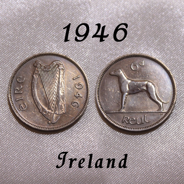 1946年 アイルランド 6ペンス コイン 6d ハープ 犬 アイリッシュ ウルフハウンド ドッグ Dog Ireland Eire エール アイルランド ポンド 白銅貨 硬貨 通貨 古銭 貨幣 メール便 【中古】