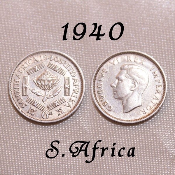 1940年 南アフリカ 6ペンス 0.800 シルバー Silver 銀貨 世界大戦戦時下 ジョージ6世 国花 プロテアの花 ハッピー ウ…