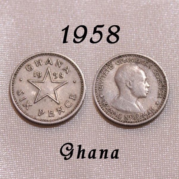 ガーナ　1958年　Ghana 独立後発行初年　1年限り 幸福の6ペンスコイン 白銅貨　ガーナの独立運動　アフリカの独立運動の父　クワメ・エンクルマ ヴィンテージ 【中古】