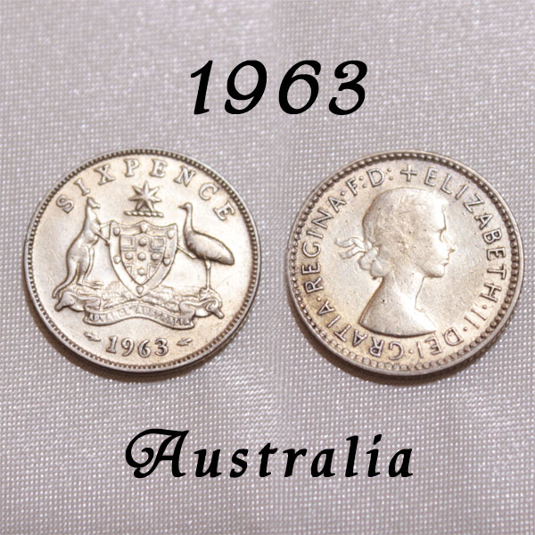 最終発行年 エリザベス2世 6ペンス銀貨 前進あるのみ！ カンガルーとエミュー オーストラリアの6ペンスコイン 1963年　.500シルバー Silver ペーパーホルダー入り銀貨 【中古】