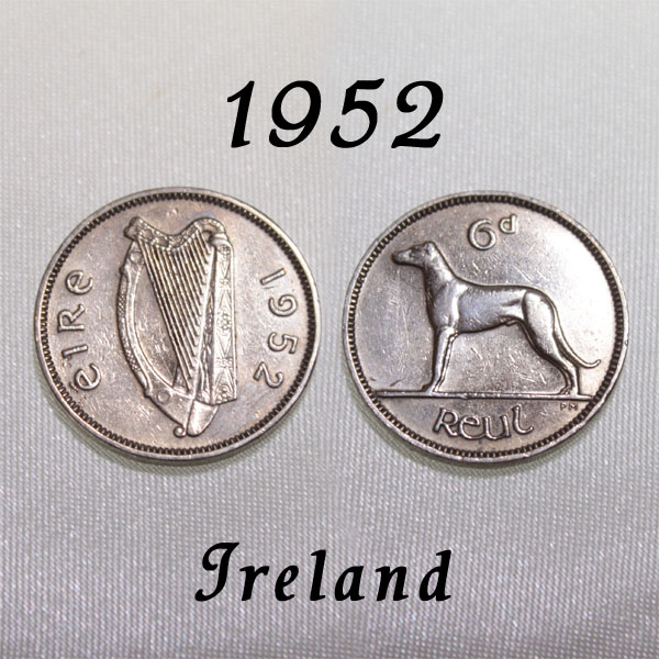 1952年 アイルランド 6ペンス コイン 6d ハープ 犬 アイリッシュ ウルフハウンド ドッグ Dog Ireland Eire エール アイルランド ポンド 白銅貨 硬貨 通貨 古銭 貨幣 メール便 sixpence 