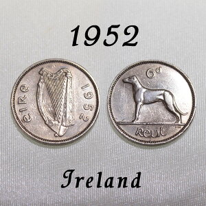 1952年 アイルランド 6ペンス コイン 6d ハープ 犬 アイリッシュ ウルフハウンド ドッグ Dog Ireland Eire エール アイルランド ポンド 白銅貨 硬貨 通貨 古銭 貨幣 メール便 sixpence 【中古】