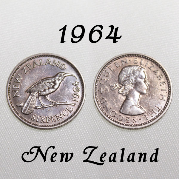 1964年 NZ ニュージーランド 6ペンス コイン 絶滅種 ホオダレムクドリ メス 鳥 バード Huia マオリ族の酋長の飾り エリザベス2世 白銅貨 古銭 通貨 貨幣 sixpence　