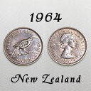 1964年 NZ ニュージーランド 6ペンス コイン 絶滅種 ホオダレムクドリ メス 鳥 バード Huia マオリ族の酋長の飾り エリザベス2世 白銅貨 古銭 ...