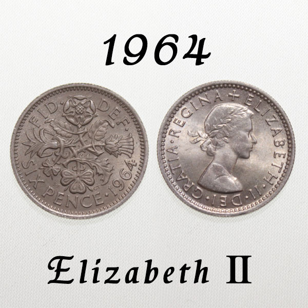 【美品】 1964年 エリザベス2世 白銅貨 イギリス ハッピー ウェディング シックスペンス 花嫁の左の靴..