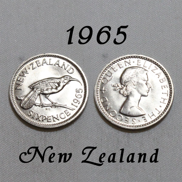 極美品 未流通 最終発行 1965年 NZ ニュージーランド 6ペンス コイン 絶滅種 ホオダレムクドリ メス 鳥 バード Huia マオリ族の酋長の飾り エリザベス2世 白銅貨 古銭 通貨 貨幣 sixpence 