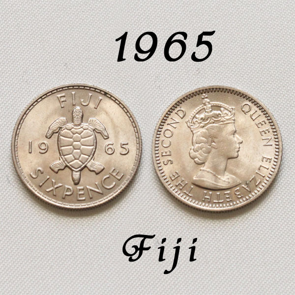 【美品】 Fiji フィジー 1965年 幸福の6ペンス コイン ウミガメ 海亀 デザイン エリザベス2世女王 長寿のシンボル カメ sixpence【中古】