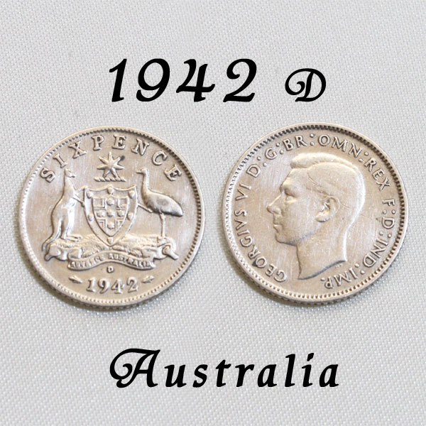 1942年　D　ジョージ6世 .925　スターリング シルバー sterling silver 6ペンス銀貨 前進あるのみ！ カンガルーとエミュー オーストラリア 6ペンスコイン 銀貨 アメリカ　デンバー造幣局製　【中古】