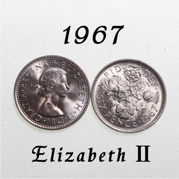 【未流通美品】 1967年 エリザベス2世 白銅貨 イギリス ハッピー ウェディング シックスペンス 花嫁の左の靴に6ペン…