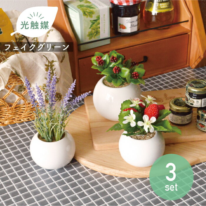 Rakuten - 【3点セット】ラウンドポット Sストロベリー Sラベンダー Lマルベリー 抗菌 消臭 まんまるポット いちご ラベンダー 光触媒 インテリアグリーン 白 フェイクグリーン 造花 リアル セット売り お得