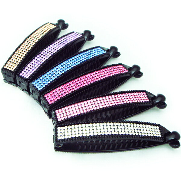 ラインストーンが華やかなバナナクリップ☆ヘアアクセサリー ヘアーアクセサリー クリア シルバー 白 ホワイト ピンク オレンジ ブルー 青 水色 パープル 紫 ...