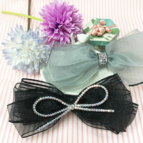 ラインストーン付シースルーリボンバレッタヘアアクセサリー ヘアーアクセサリー ウェディング 結婚式 パーティ 発表会 チュール ロング オーロラ グレー ブラッ...