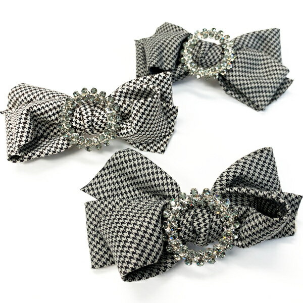 ラインストーン付き千鳥格子柄リボンバレッタヘアアクセサリー ヘアーアクセサリー りぼん 千鳥 パーティー 舞台 ホワイト 白 ブラック 黒 グレー プレゼント ...