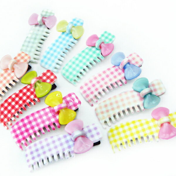 リボン付きコーム型ヘアクリップヘアーアクセサリー ヘアアクセサリー クシ くし 赤 レッド 緑 グリーン ミント イエロー 黄色 オレンジ ピンク ブルー 青 ...