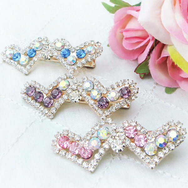 ハートとリボンのキラキラヘアクリップ☆ヘアアクセサリー ヘアーアクセサリー 発表会 結婚式 ウエディング ウェディング ブライダル ゴールド ピンク ブルー 青...